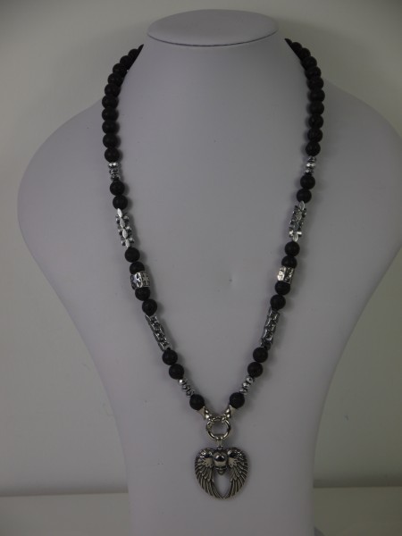 Halskette in Schwarz / Silber mit Totenkopfflügel